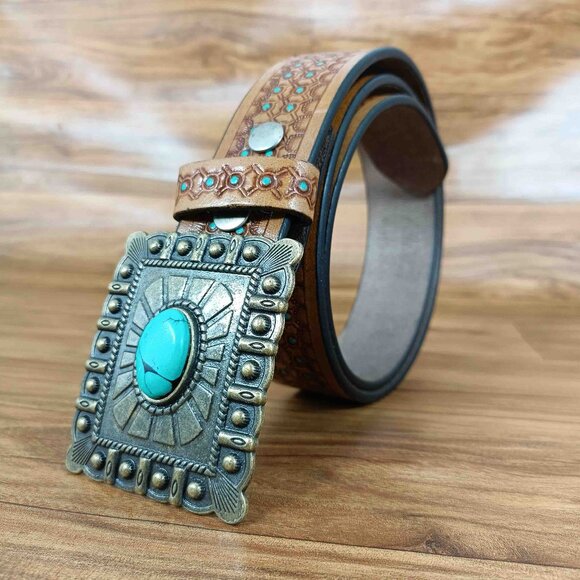 Western Honeycomb Tooled belt, Leather Embossed Belt with Turquoise Dots, Unisex - Picture 2 of 12